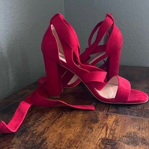 Women's Red Suede Wrap-Ankle Block Heel Sandals